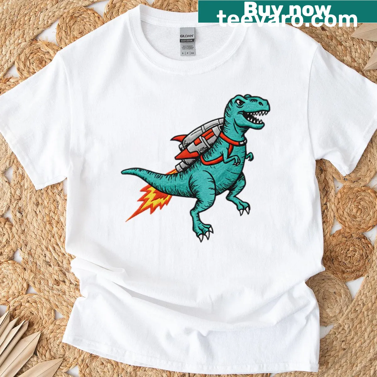 Cartoon T-rex dinosaur with a jetpack design — on a men's t-shirt