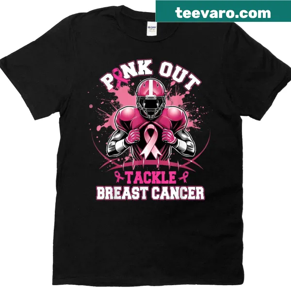 Football-themed design promoting breast cancer awareness on T-shirt