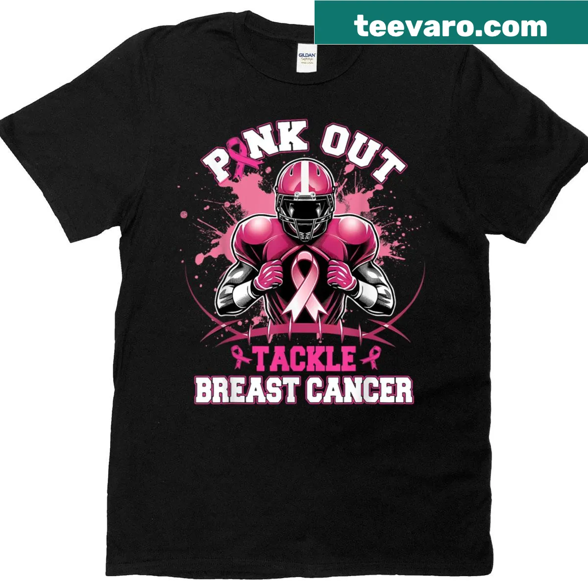 Football-themed design promoting breast cancer awareness on T-shirt — on a men's t-shirt