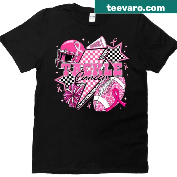Football-themed women's tee featuring a pink ribbon for breast cancer awareness