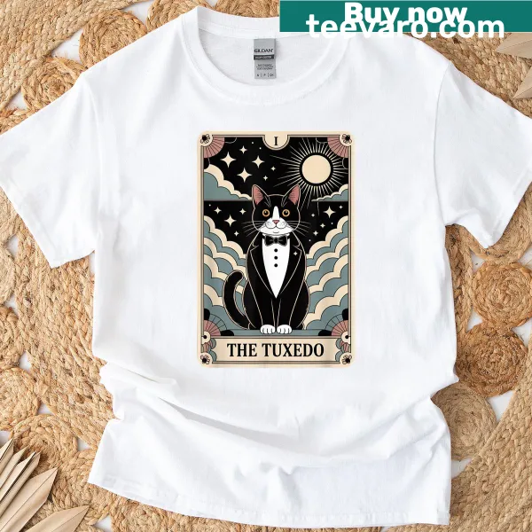 Illustrated tuxedo cat tarot card design on Halloween T-shirt