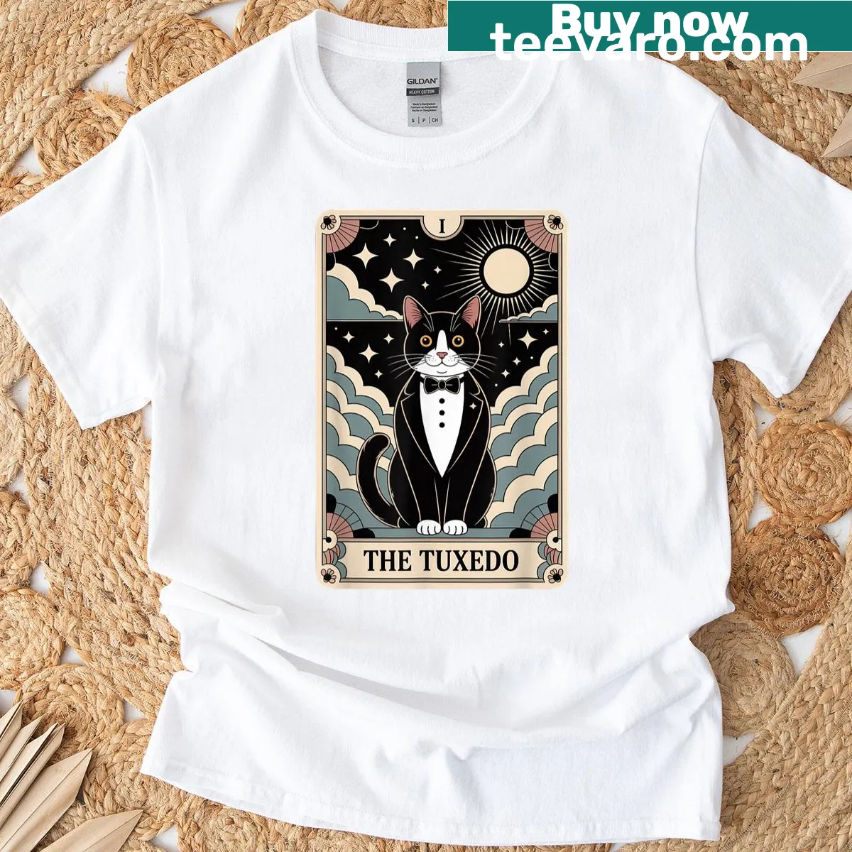 Illustrated tuxedo cat tarot card design on Halloween T-shirt — on a men's t-shirt