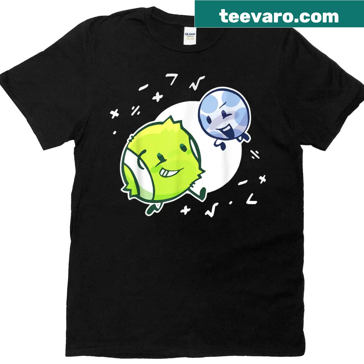 Playful math design featuring a tennis ball and golf ball — on a men's t-shirt