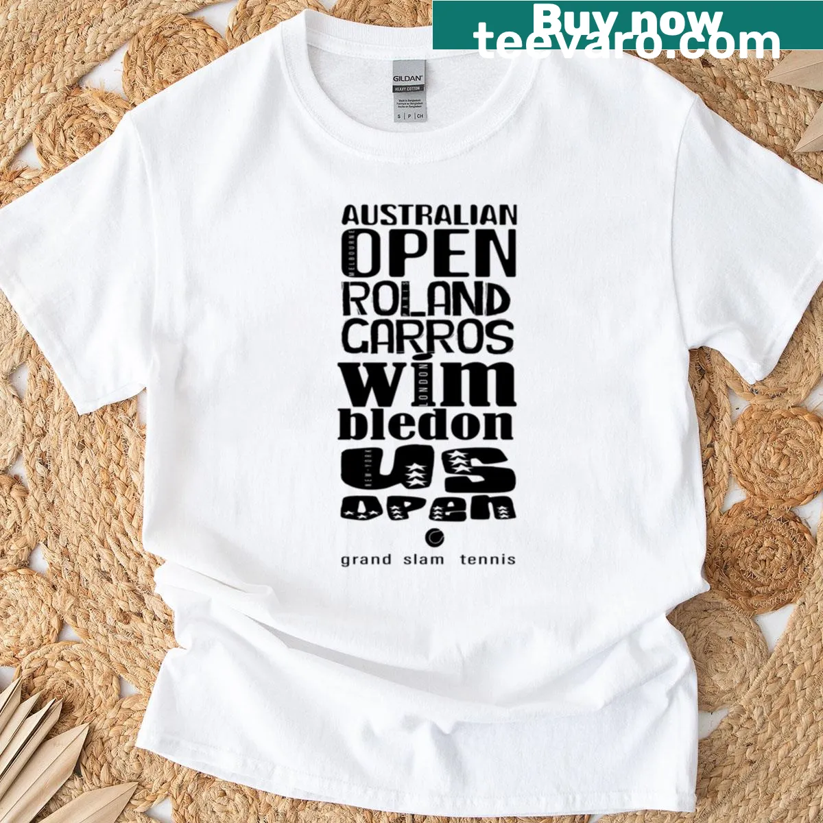 Tennis Grand Slam graphic on black t-shirt — on a men's t-shirt