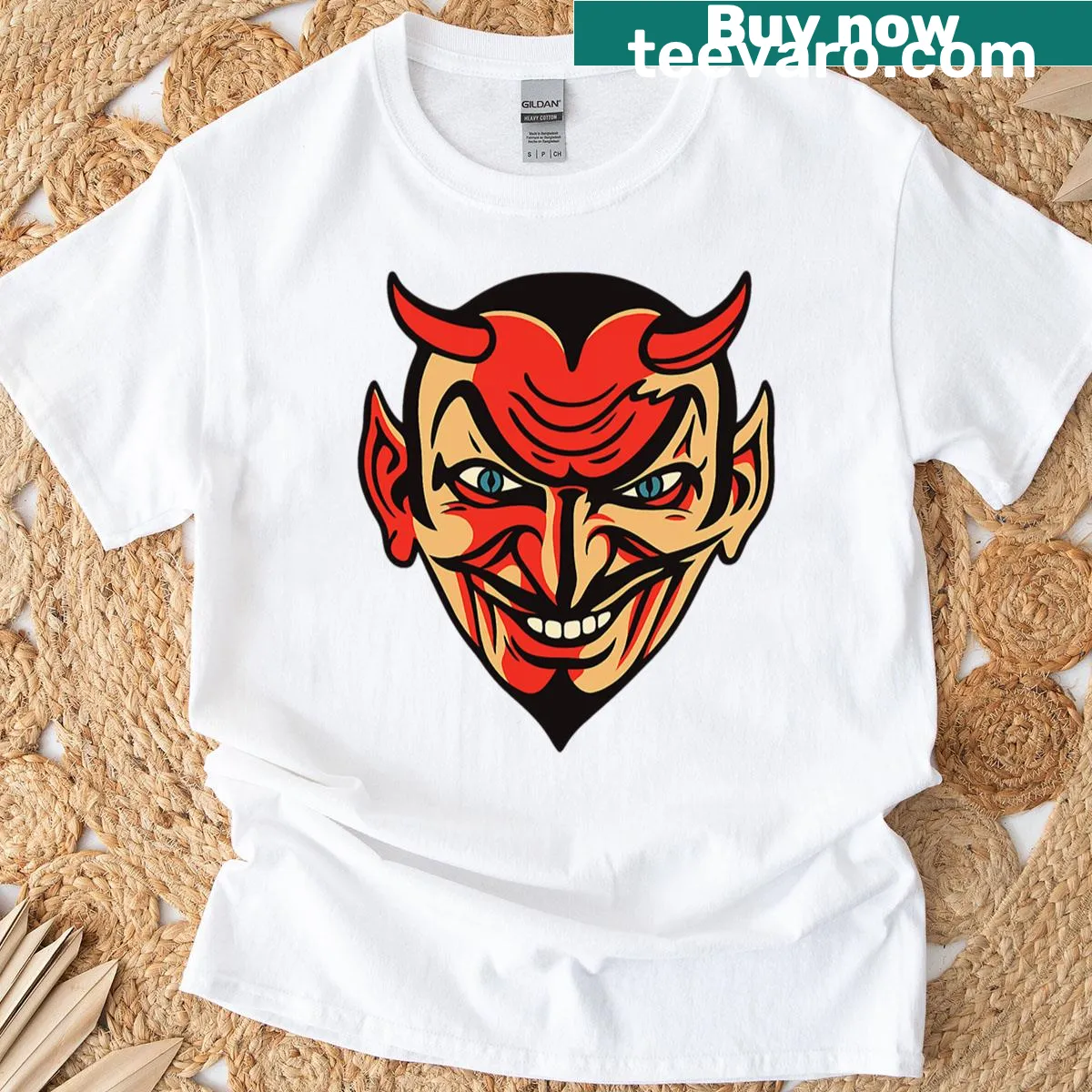 Cartoon grinning devil graphic on active t-shirt — on a men's t-shirt