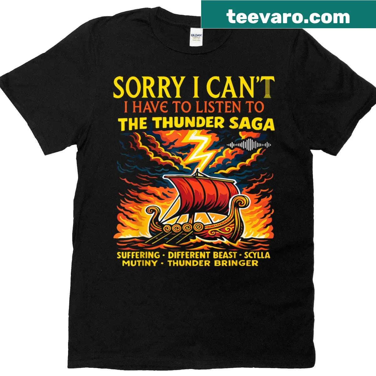 T-shirt featuring Thunder Saga musical graphic — on a men's t-shirt