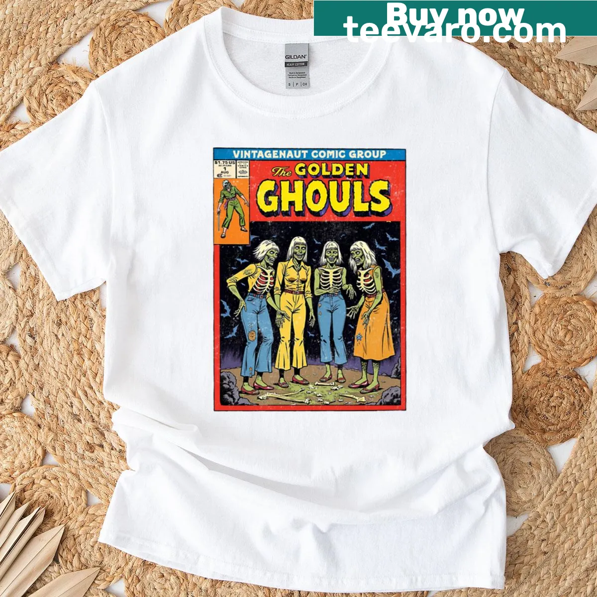 Retro T-shirt featuring 'The Golden Ghouls' comic book design — on a men's t-shirt