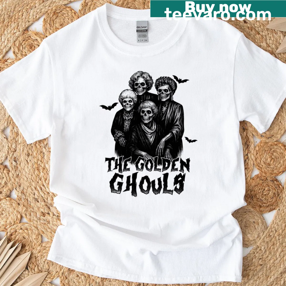 Whimsical design of golden girls as ghouls on a t-shirt — on a men's t-shirt