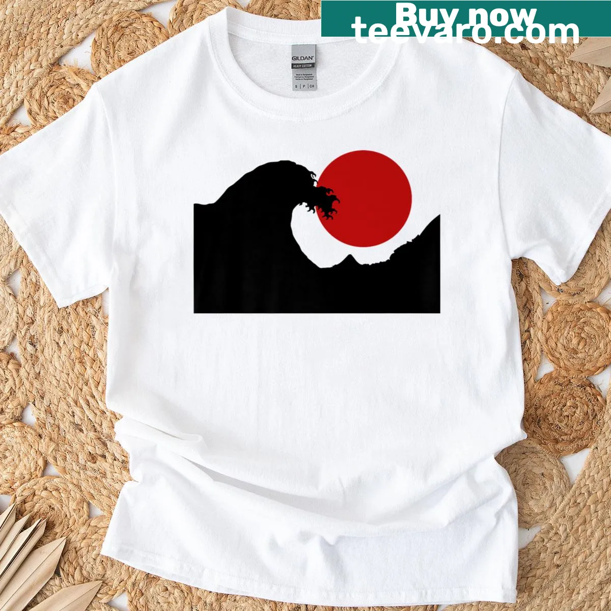 Minimalist t-shirt featuring The Great Wave Kanagawa and a red sun — on a men's t-shirt