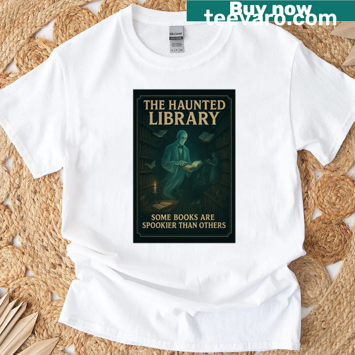 Oversized T-shirt displaying a haunted library with ghostly books. — on a men's t-shirt