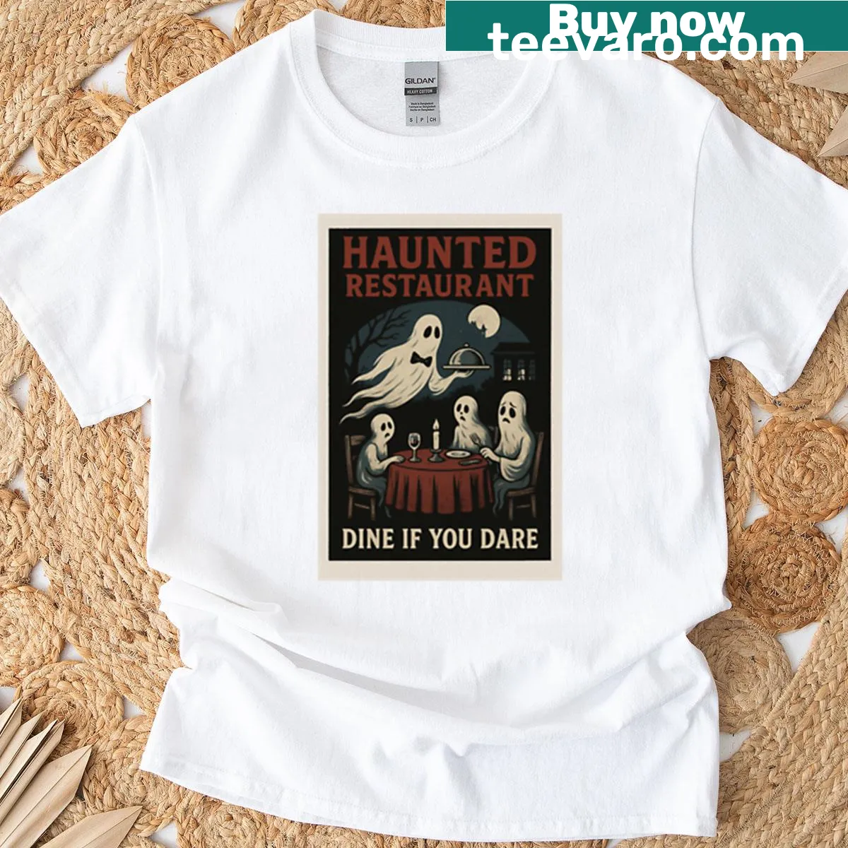 Oversized T-shirt featuring 'The Haunted Restaurant' graphic. — on a men's t-shirt