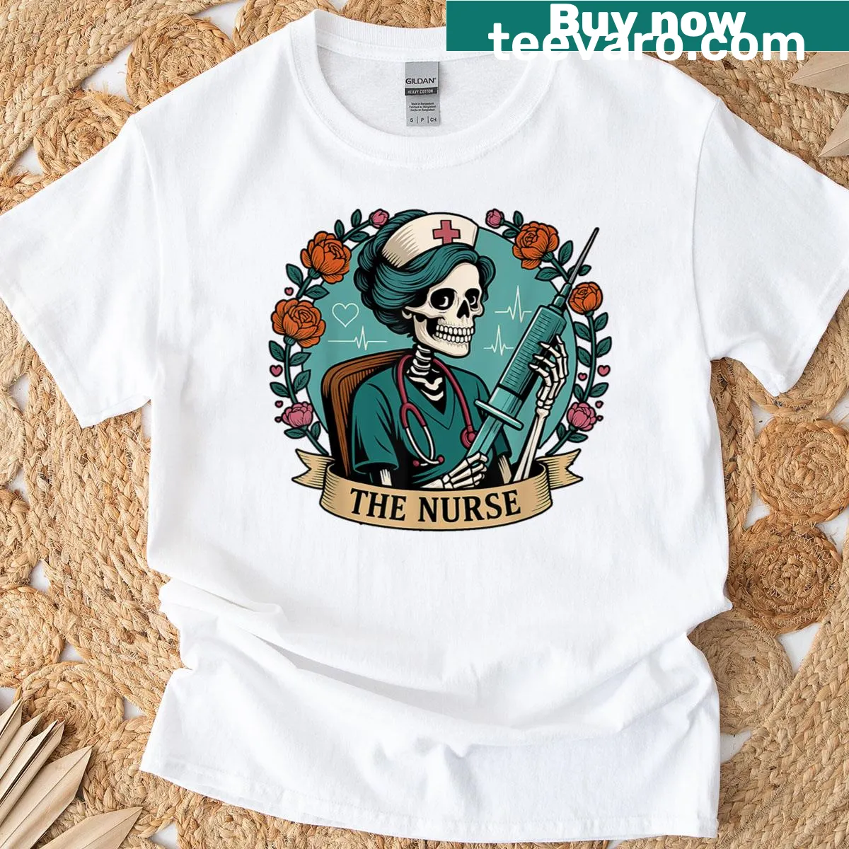 Illustration of a skeleton nurse with floral elements on a t-shirt — on a men's t-shirt