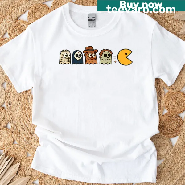 Eclectic T-shirt featuring a pirate king, mummy, skeleton, cowboy, zombie, and Pac-Man.