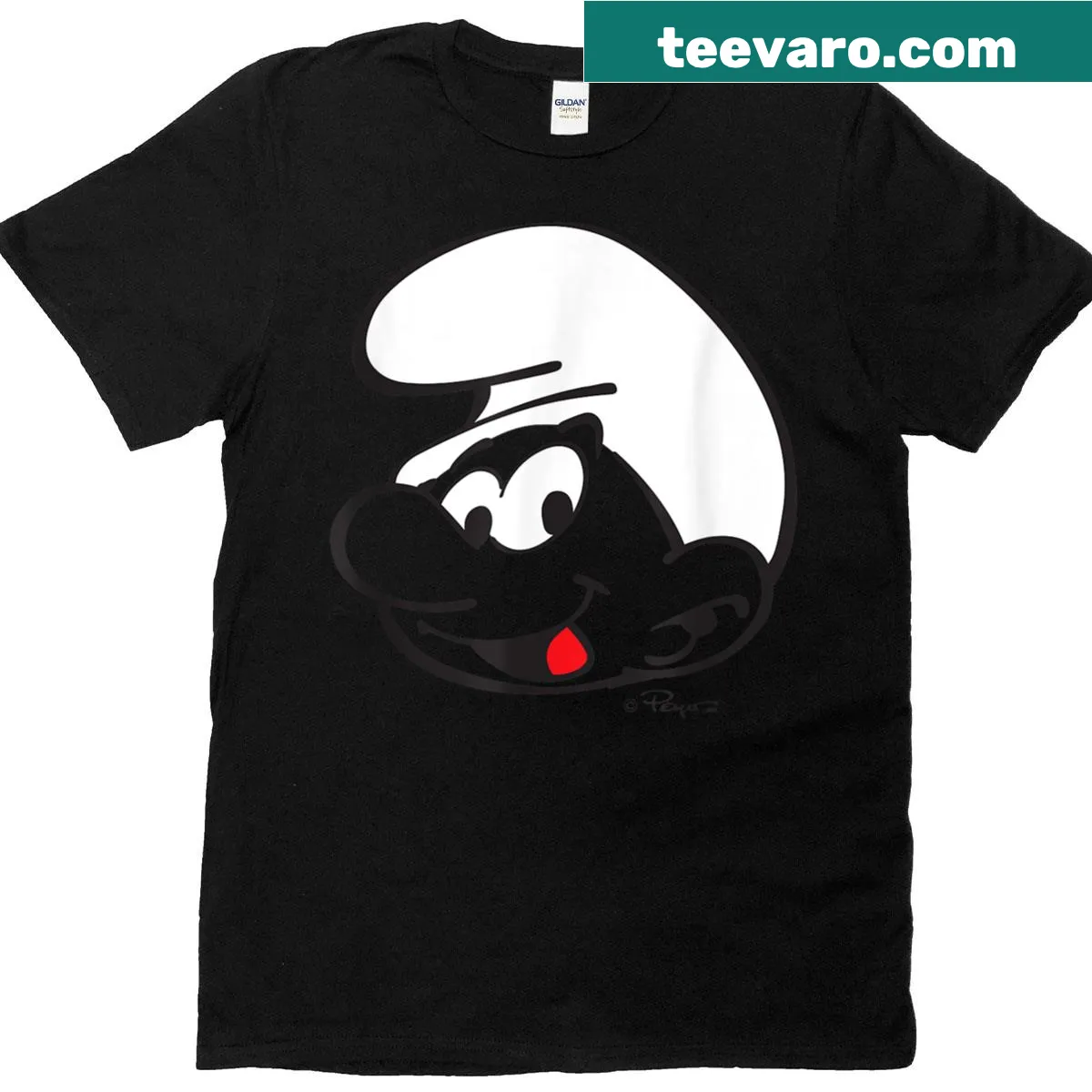 Retro Smurf head t-shirt featuring a cartoon design — on a men's t-shirt
