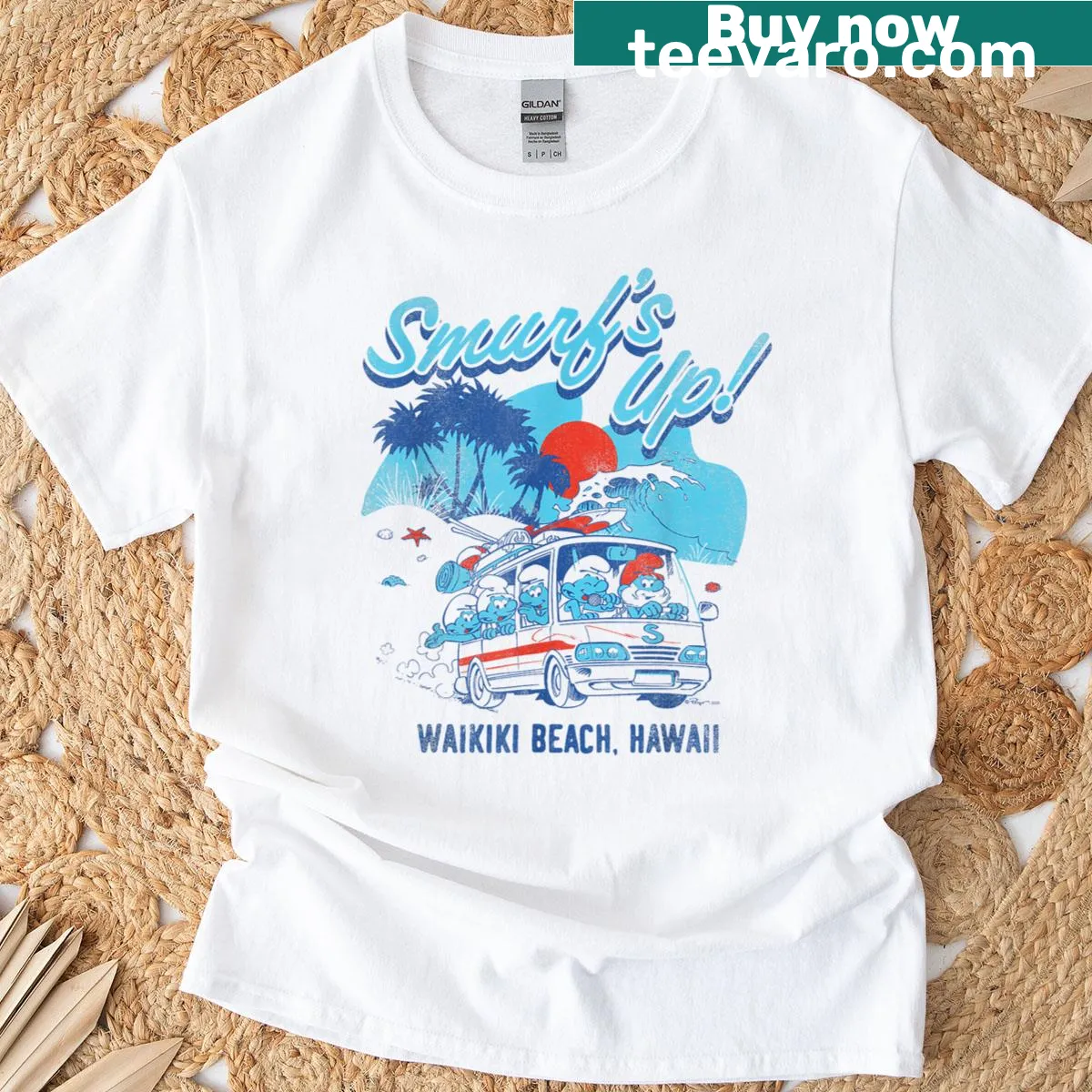 Retro Smurfs travel van illustration on T-shirt — on a men's t-shirt
