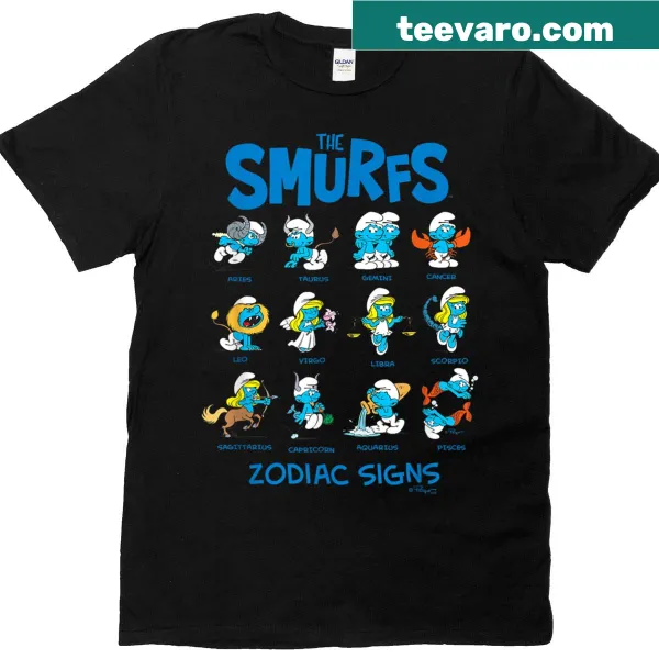 Smurfs depicted with zodiac signs in a cartoon style