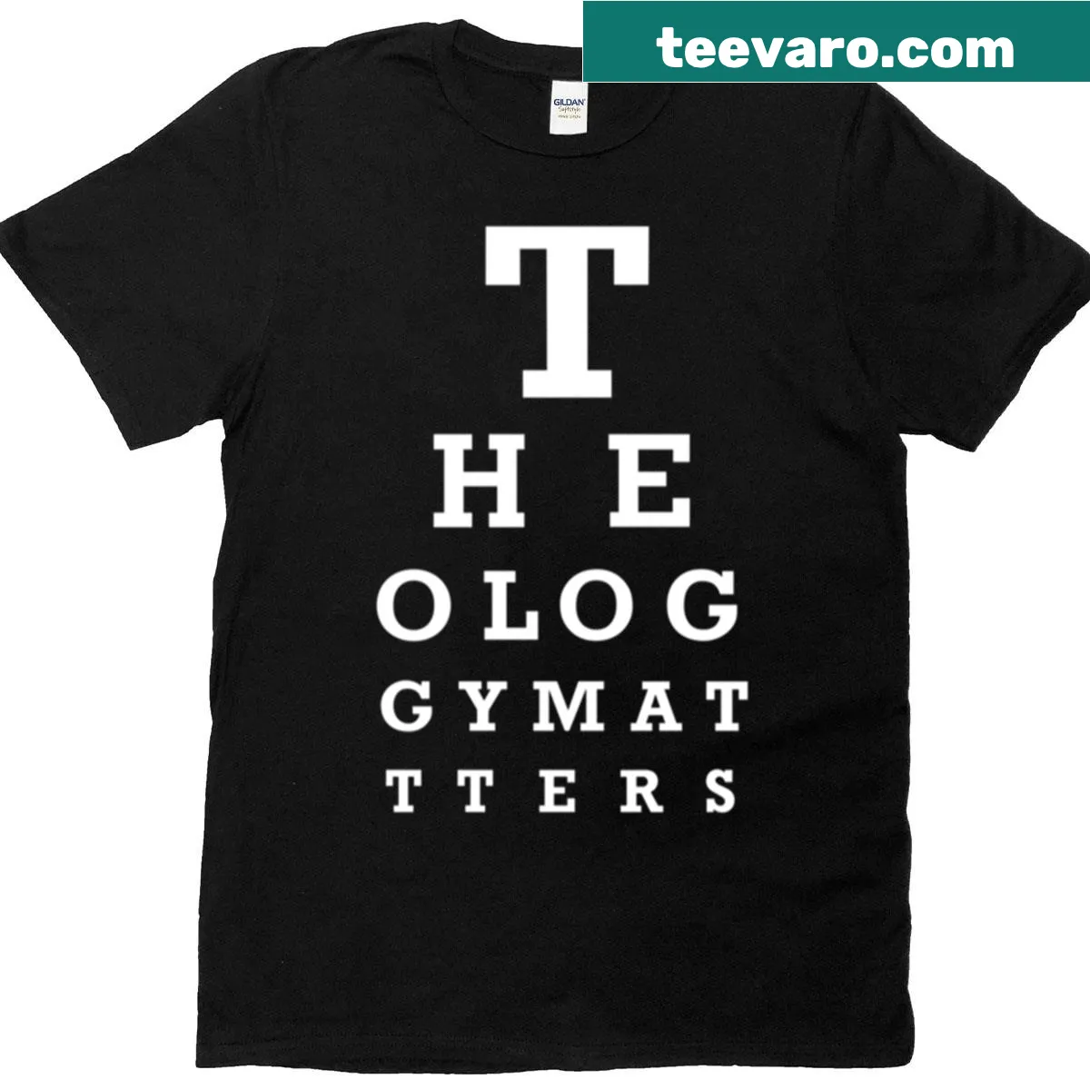 Eye chart design emphasizing theology on a t-shirt — on a men's t-shirt