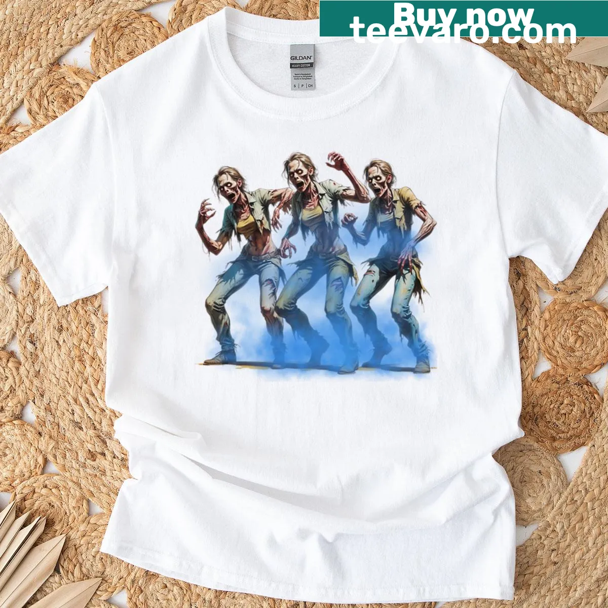 Oversized T-shirt featuring three cartoon zombie women in horror style — on a men's t-shirt