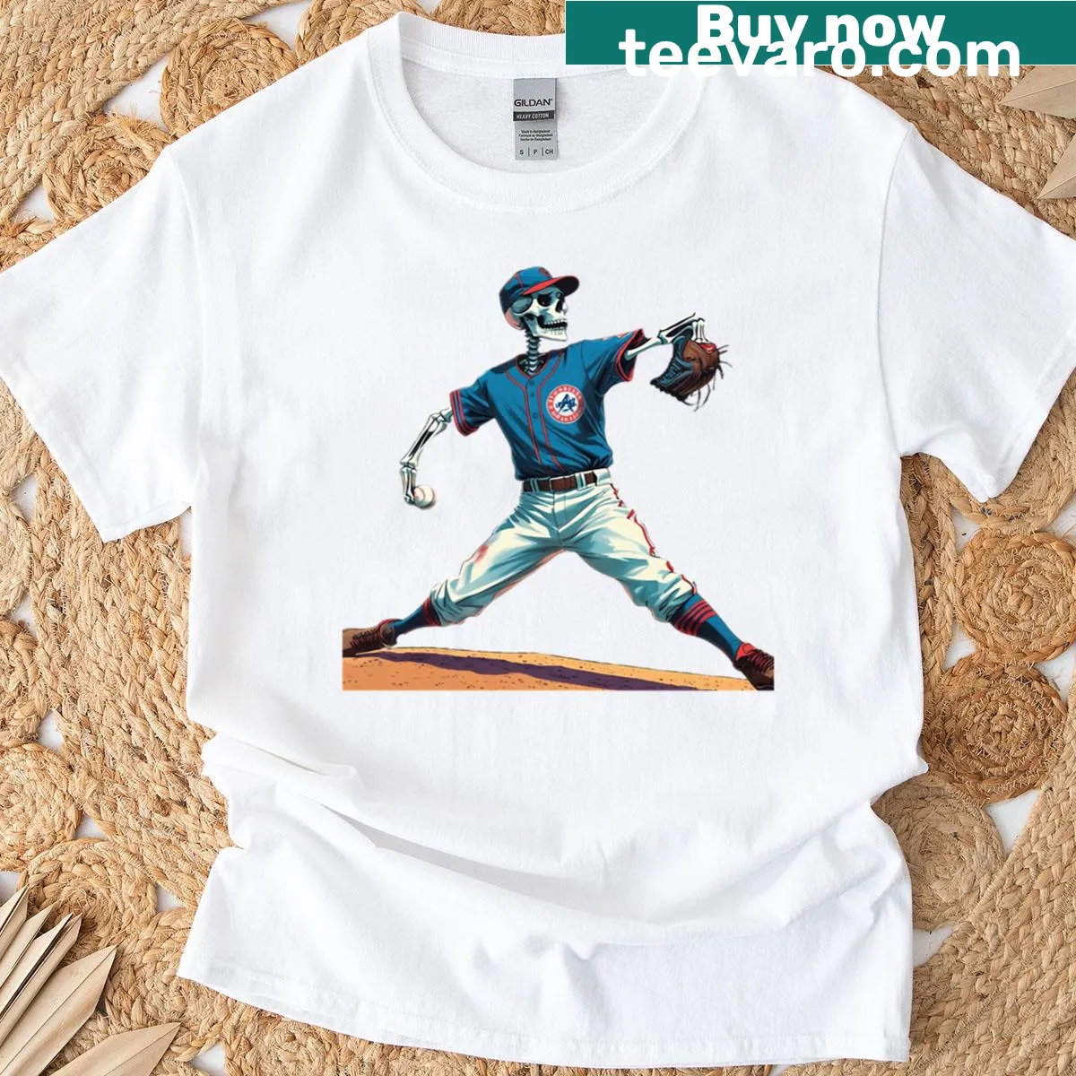 Cartoon skeleton baseball pitcher T-shirt with humorous slogan — on a men's t-shirt