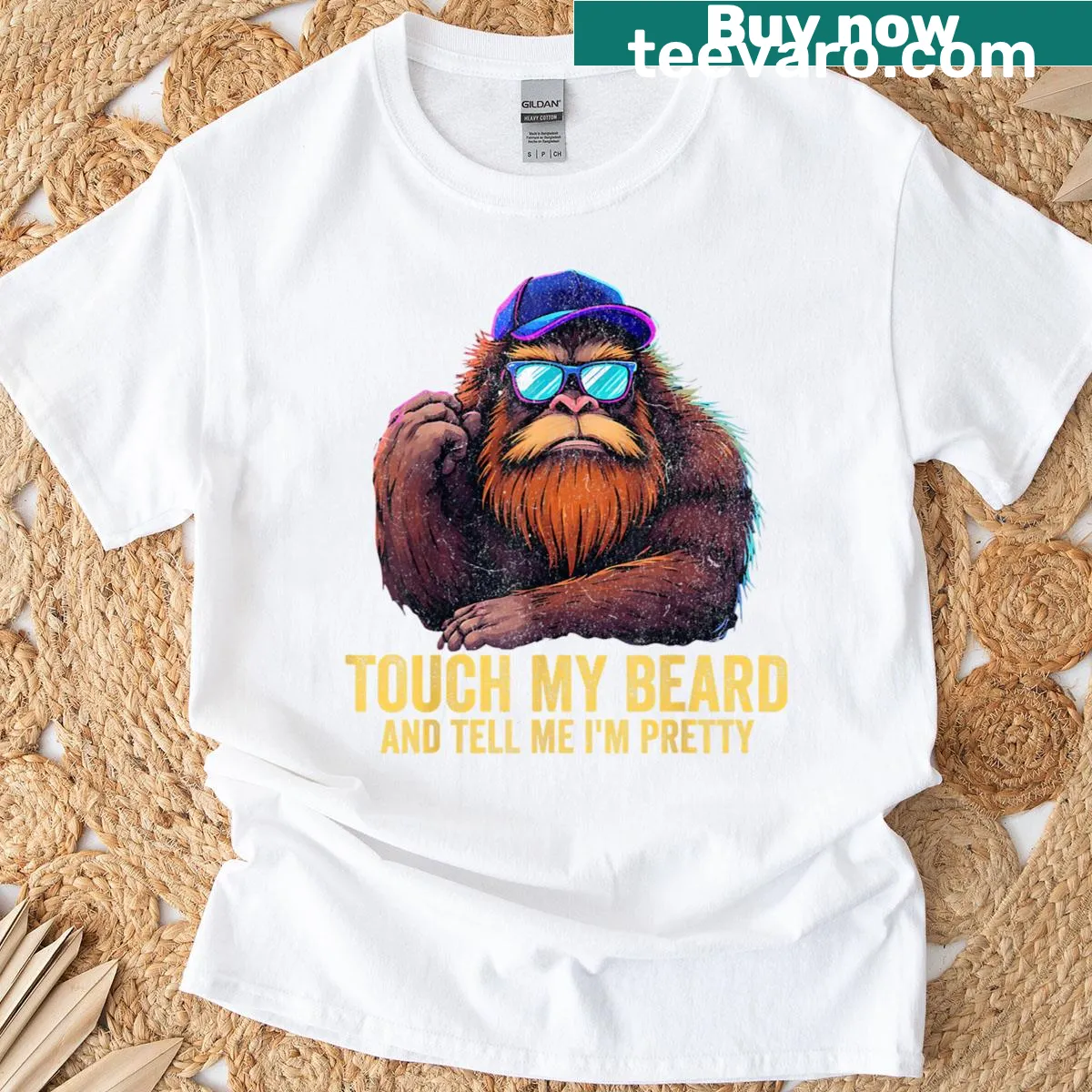 Humorous T-shirt featuring the phrase 'Touch My Beard And Tell Me I'm Pretty' — on a men's t-shirt