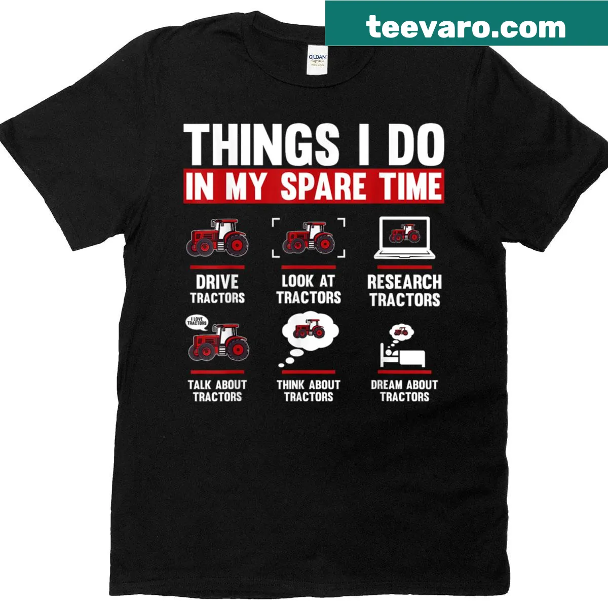 T-shirt listing '6 Things I Do In My Spare Time' with tractor illustrations — on a men's t-shirt