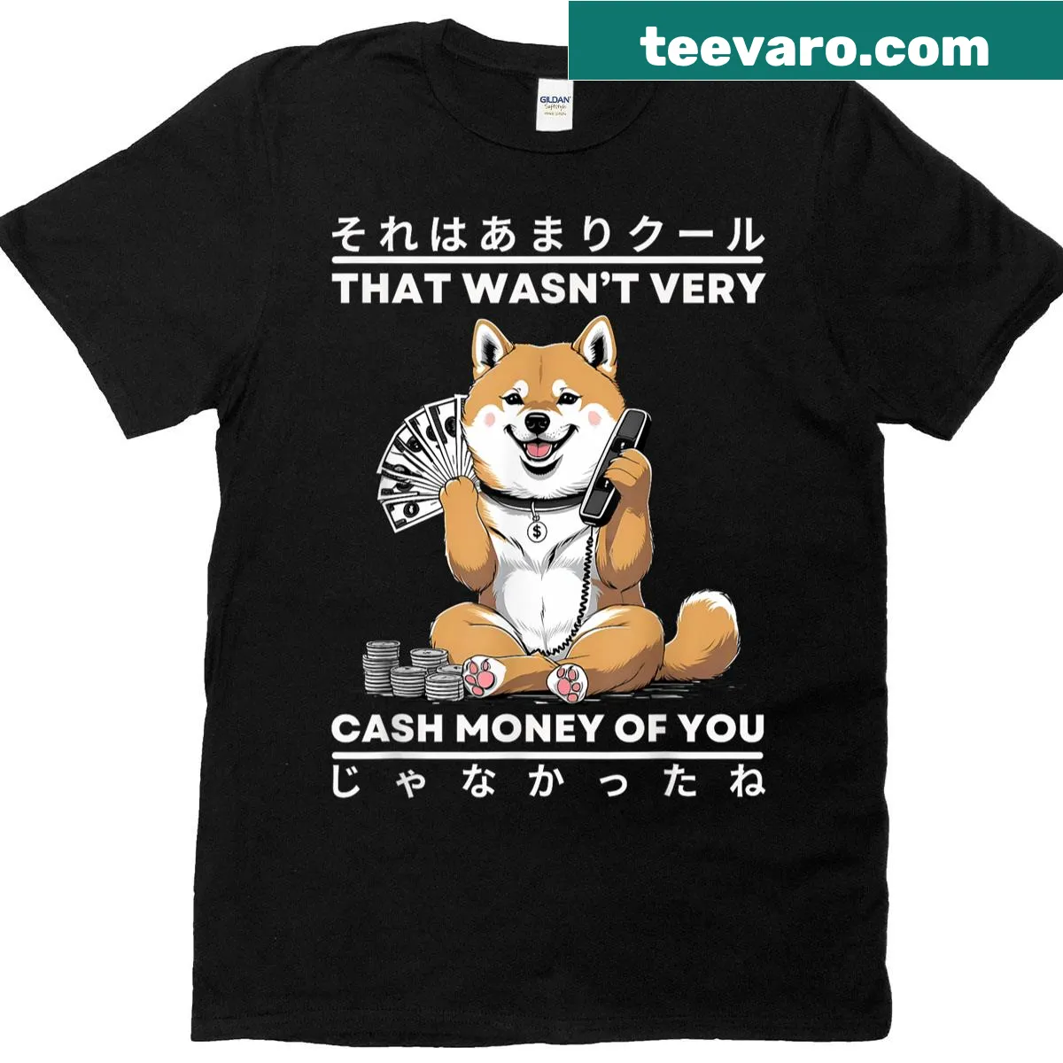 Funny dog-themed T-shirt featuring Shiba Inu and cash meme — on a men's t-shirt