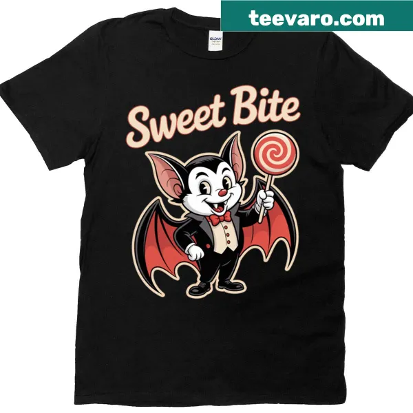Illustration of a vampire bat on a black T-shirt.