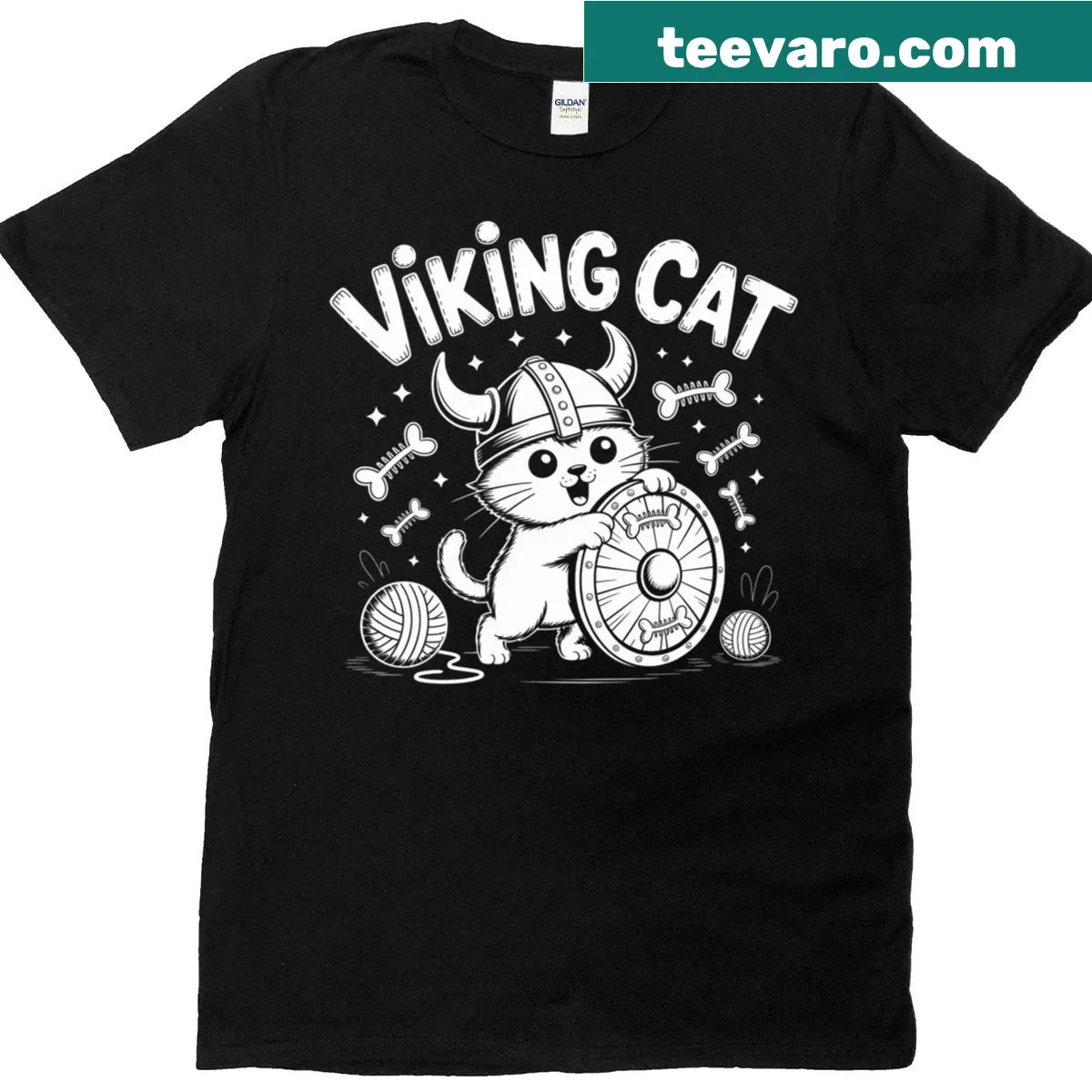 Illustrated Viking cat t-shirt with shield, helmet, and yarn ball — on a men's t-shirt