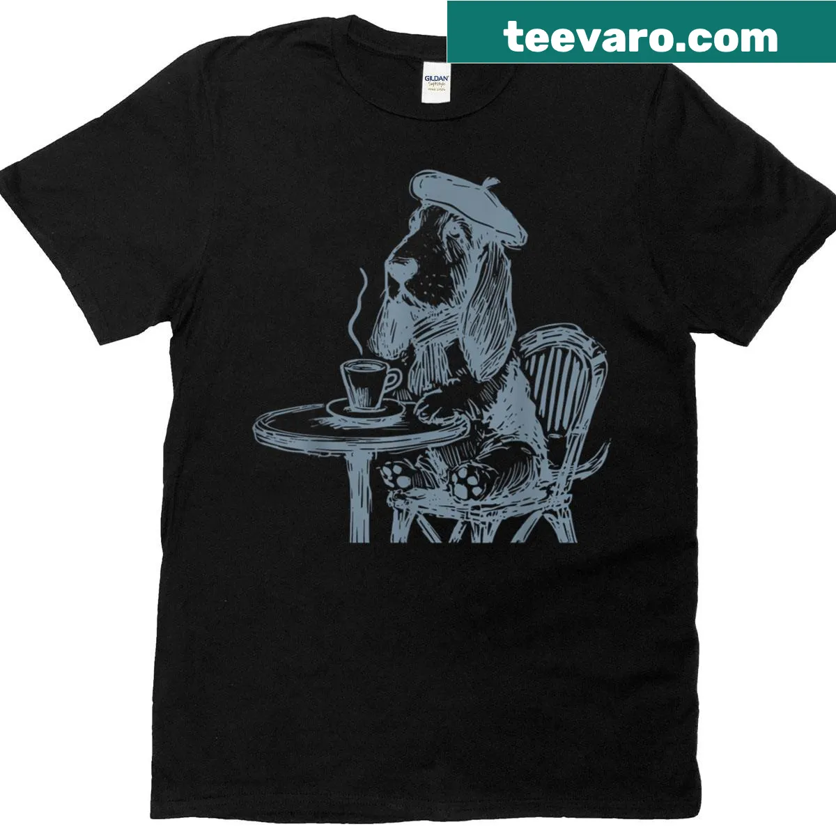 Vintage-style Basset Hound t-shirt with coffee and Paris theme — on a men's t-shirt