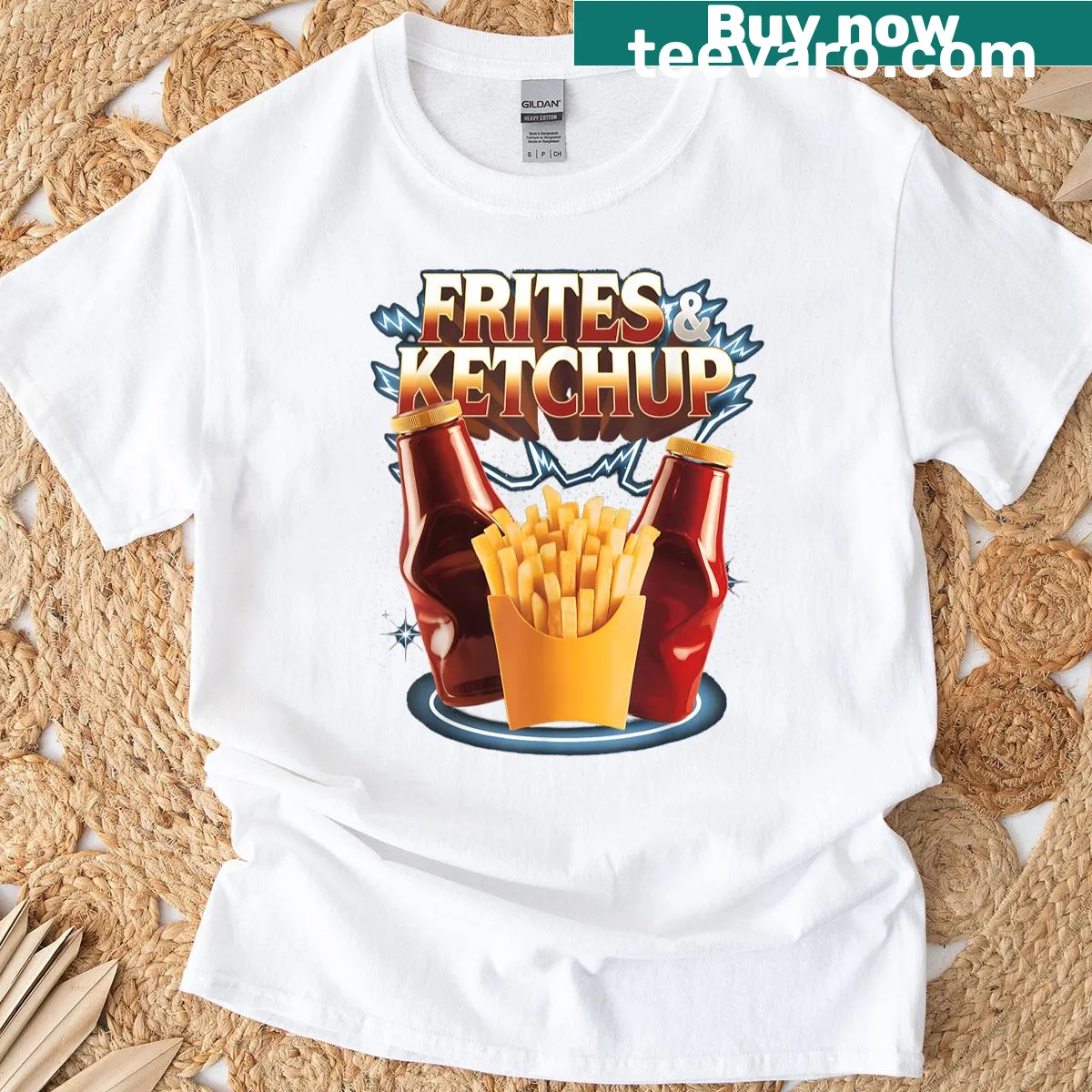 Vintage-style T-shirt featuring frites and ketchup graphic — on a men's t-shirt