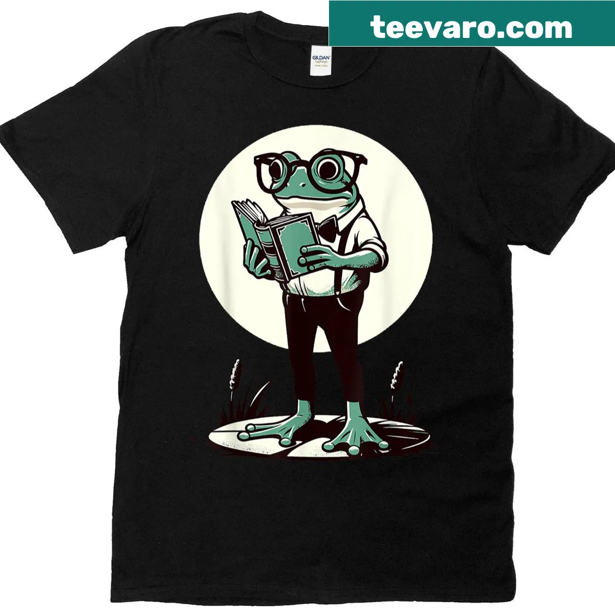 Cartoon frog reading a book on a vintage-style T-shirt — on a men's t-shirt