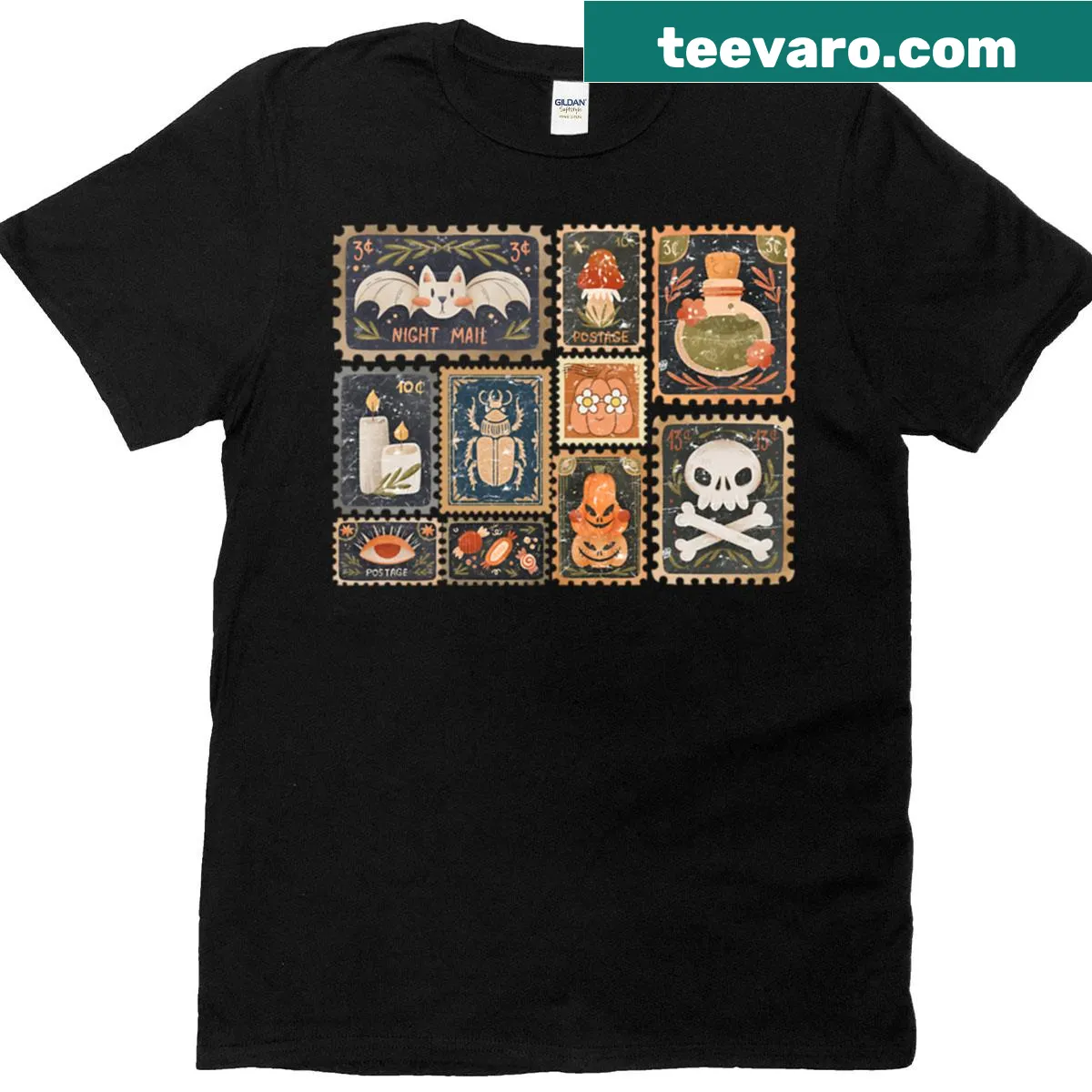 Vintage Halloween T-shirt with spooky stamp collage illustrations — on a men's t-shirt