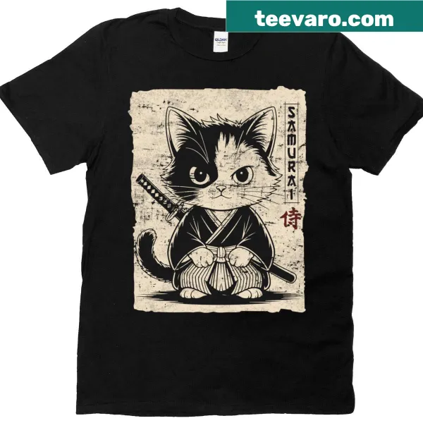 Vintage kawaii samurai ninja cat design T-shirt for anime fans.