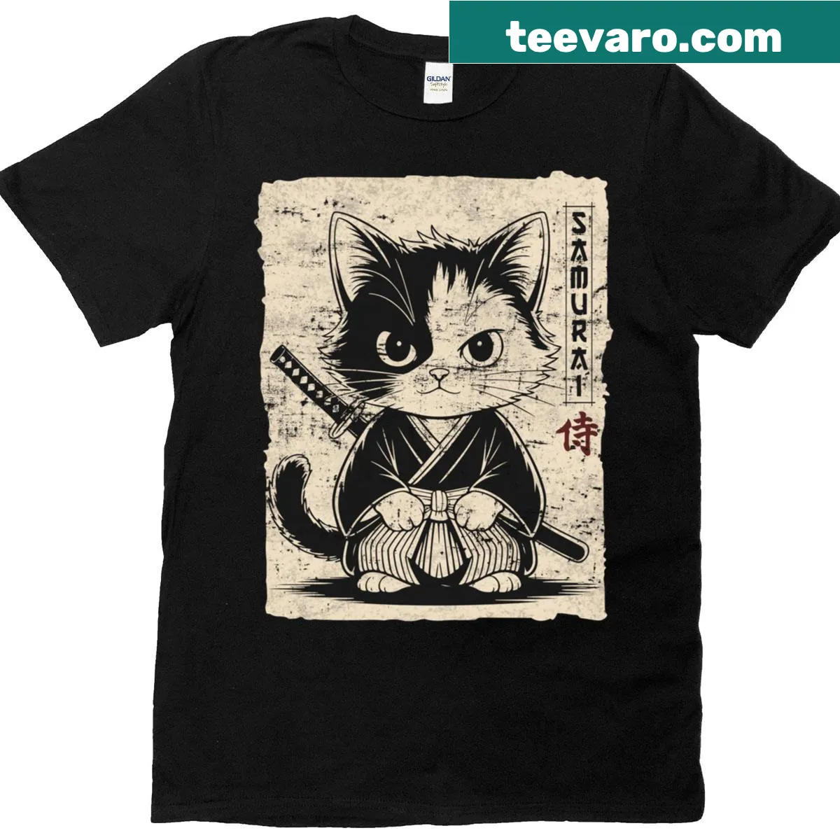 Vintage kawaii samurai ninja cat design T-shirt for anime fans. — on a men's t-shirt