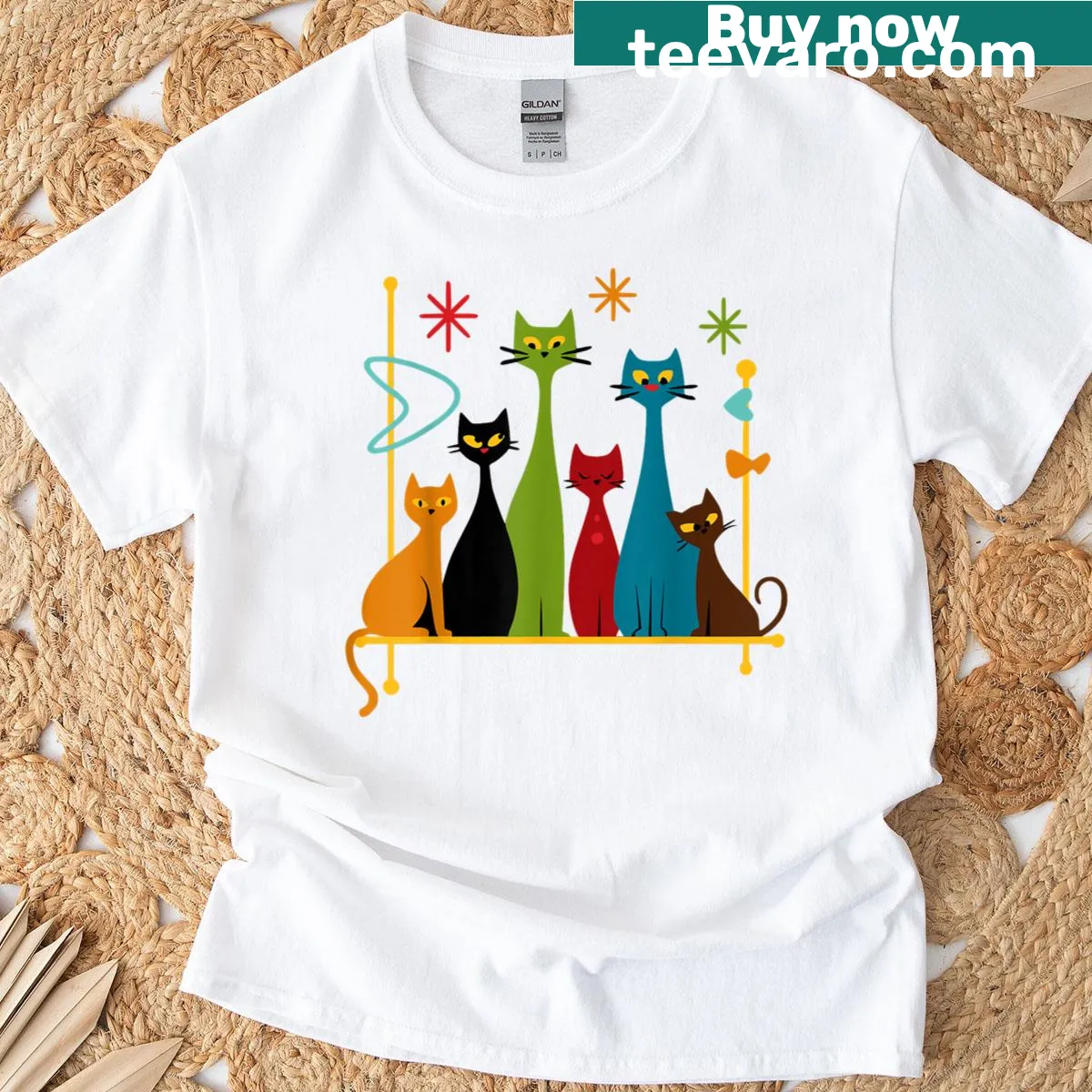 Retro-style T-shirt featuring mid-century modern cats — on a men's t-shirt