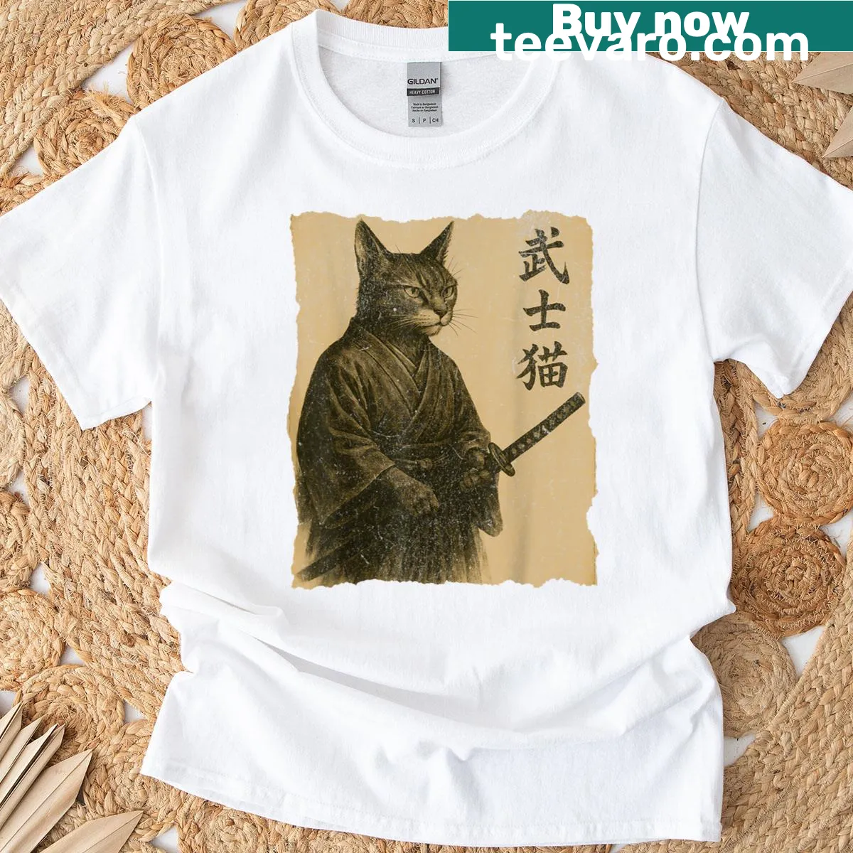 Samurai cat graphic print t-shirt with a katana illustration — on a men's t-shirt