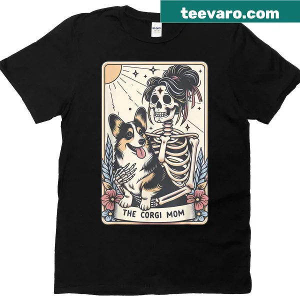 Vintage-style Halloween t-shirt featuring Corgi tarot card skeleton