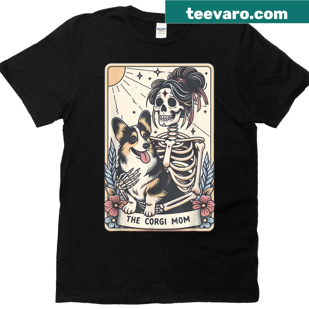 Vintage-style Halloween t-shirt featuring Corgi tarot card skeleton — on a men's t-shirt