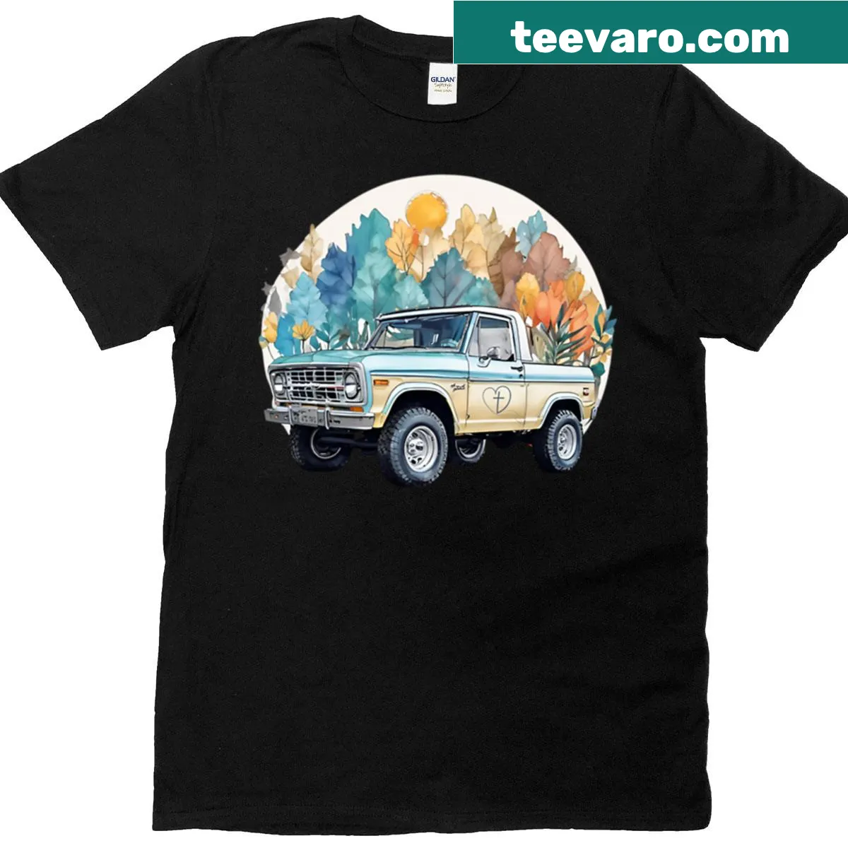 Vintage truck T-shirt with cross and heart logo — on a men's t-shirt