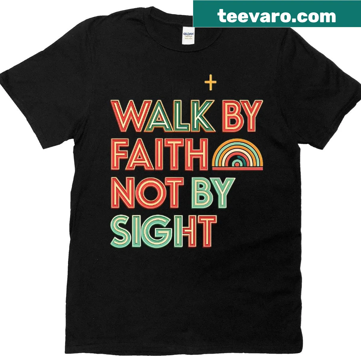Inspirational T-shirt with text 'Walk By Faith Not By Sight' — on a men's t-shirt