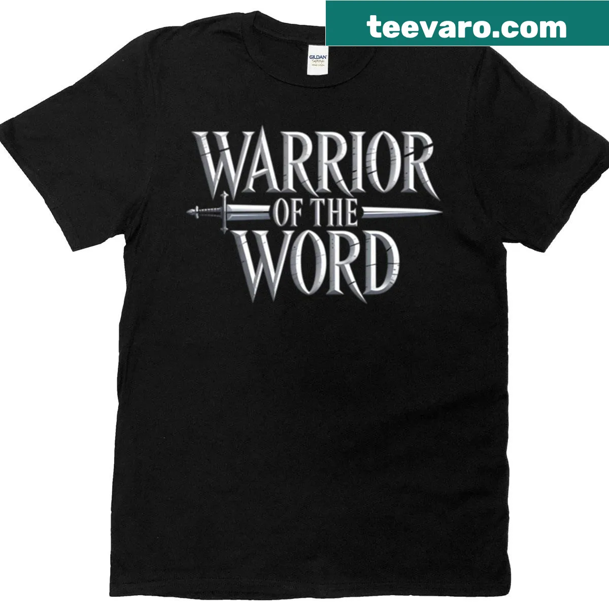 Typography T-shirt with the words Warrior Of The Word in bold text — on a men's t-shirt