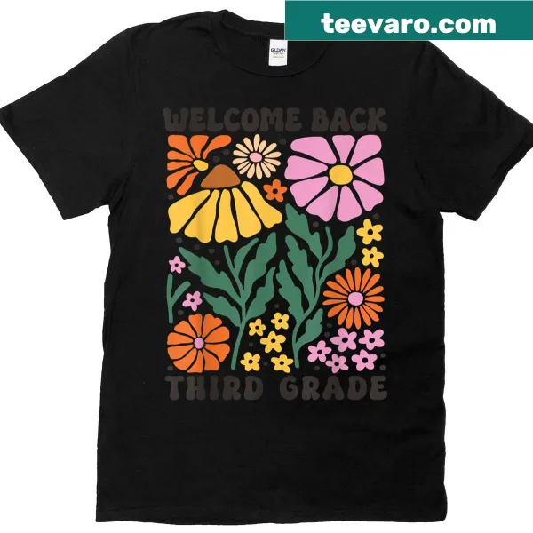 Retro T-shirt celebrating third grade with boho flowers