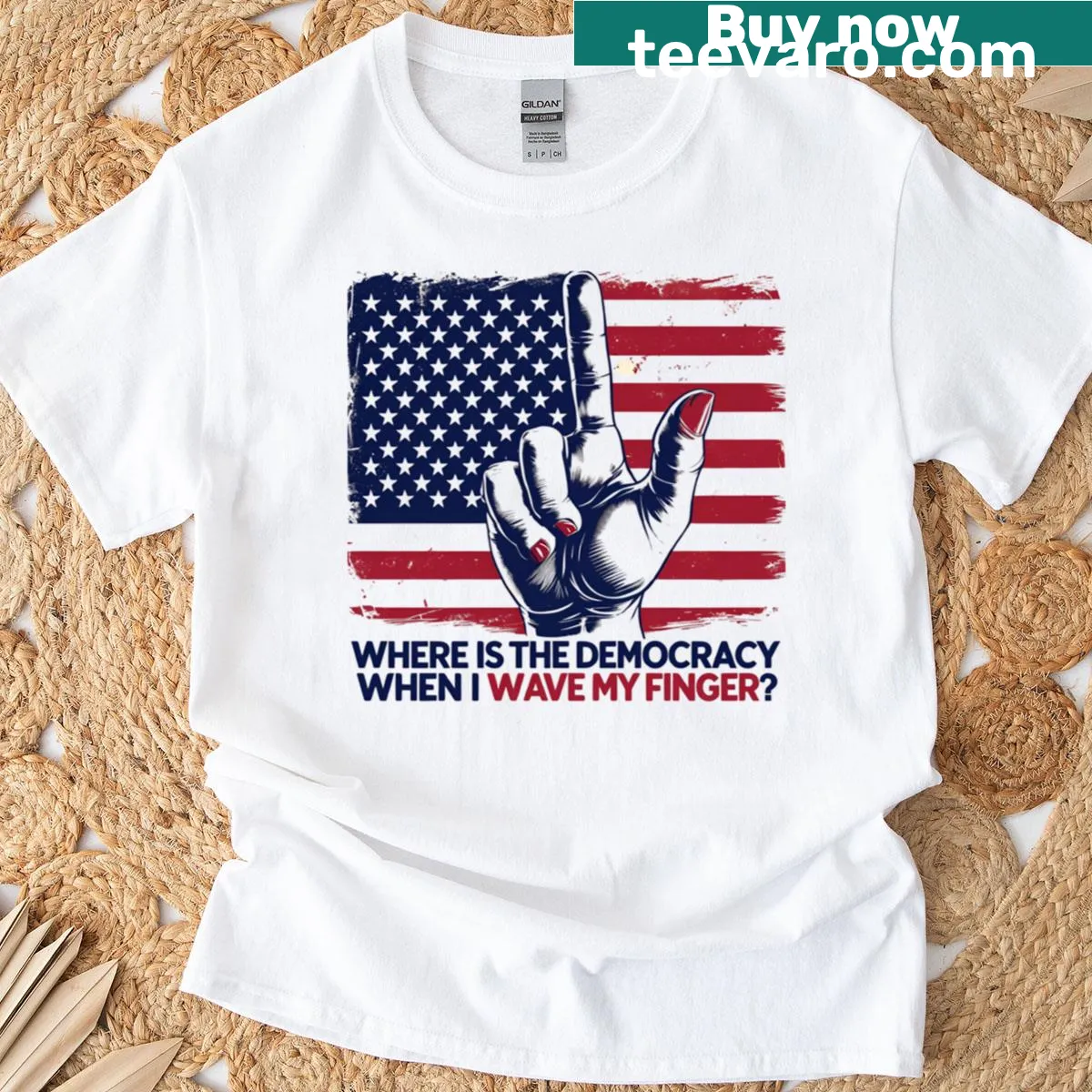 Bold text design questioning democracy's presence — on a men's t-shirt