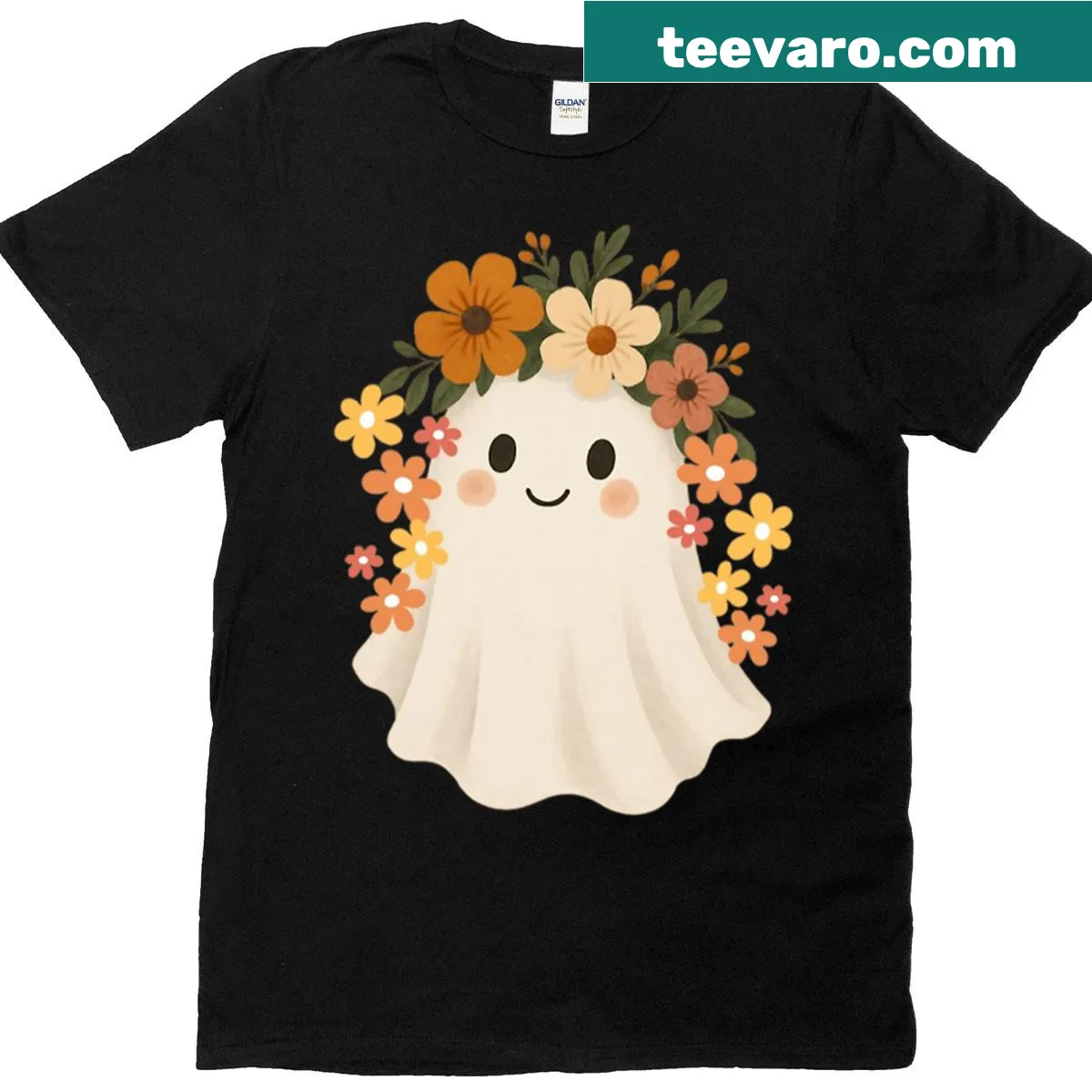 Halloween T-shirt featuring a whimsical ghost with a floral crown — on a men's t-shirt