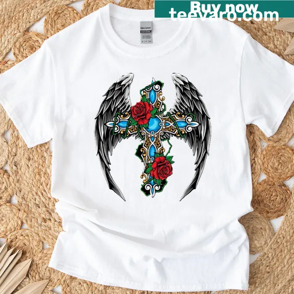 T-shirt featuring a winged cross and roses graphic
