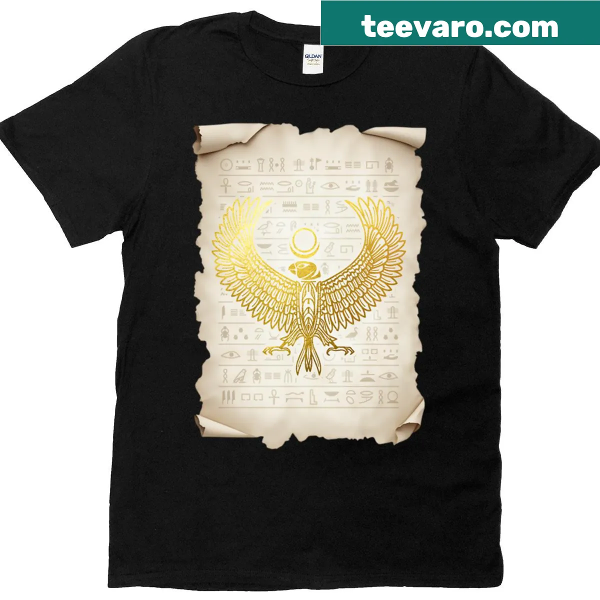 Illustrative design of the Wings Of Ra symbol on a T-shirt — on a men's t-shirt