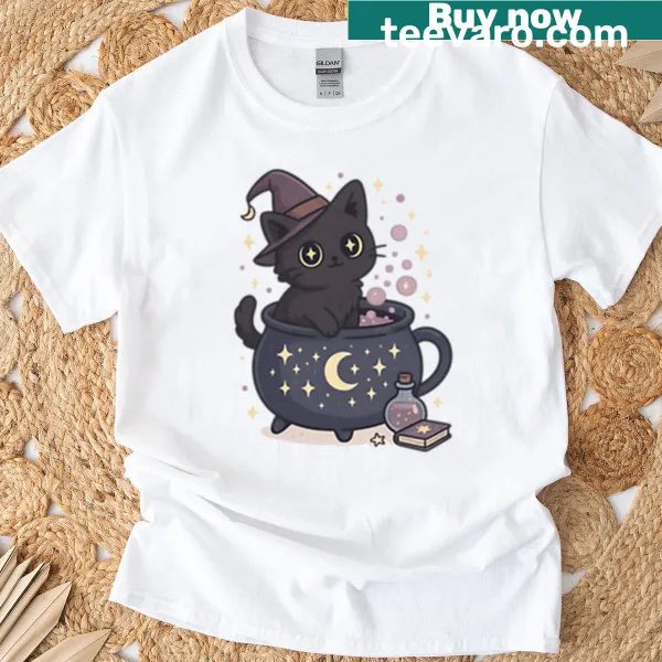 Adorable cat in teacup cauldron design for Halloween T-shirt.