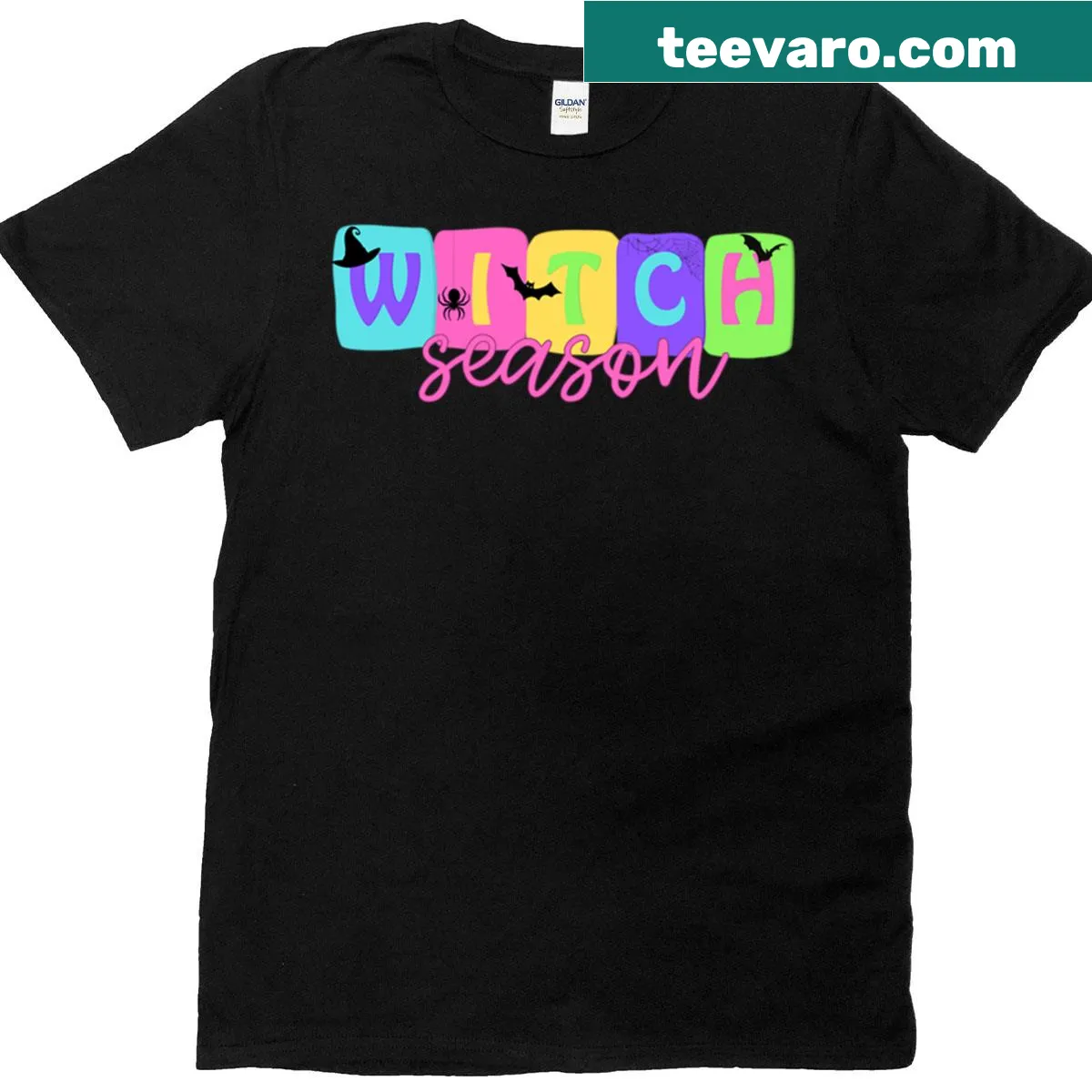 Cute Halloween design with 'Witch Season' text and illustrations — on a men's t-shirt
