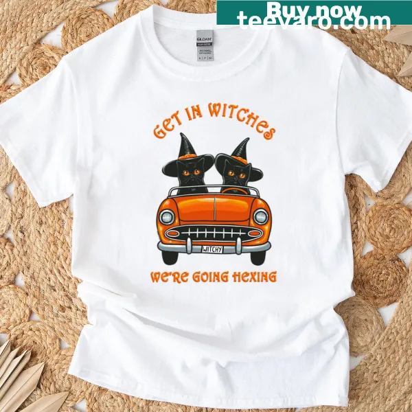 Whimsical illustration of witchy cats on a t-shirt