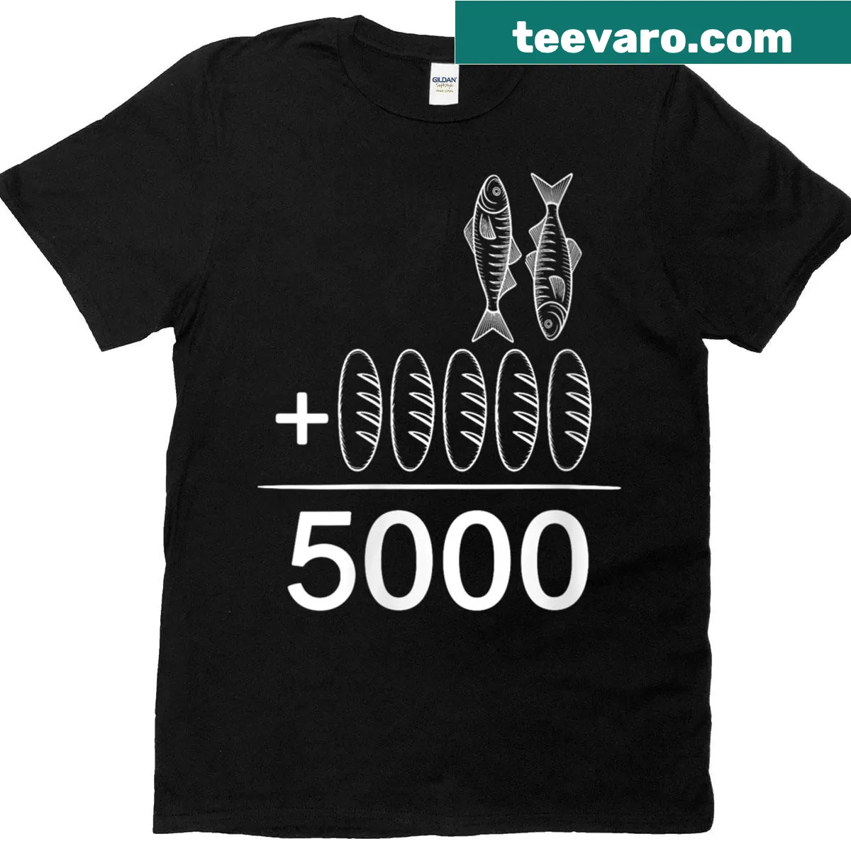 Illustrative t-shirt featuring 2 fishes and 5 breads — on a men's t-shirt